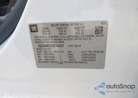 2017 Chevrolet Silverado 1500 1Lt z USA, uszkodzony, nr VIN 1GCVKRECXHZ134237